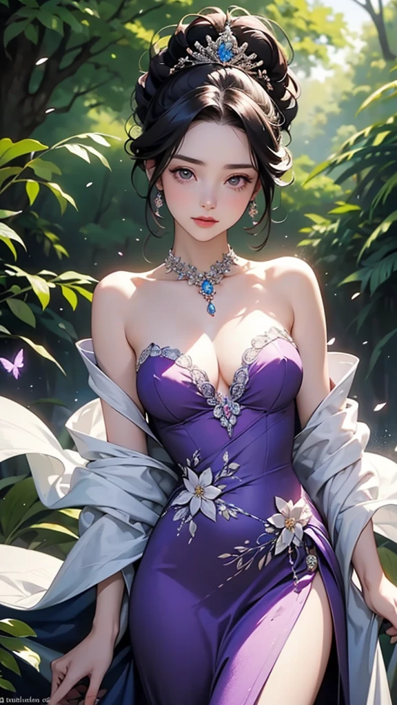 The tension in her body is palpable, as if she is about to embark on an adventure. The background is a magical forest with glowing mushrooms and twinkling fireflies. A charming and alluring woman stands gracefully. She is dressed in a long, flowing purple gown that covers her completely from neck to feet. The gown is intricately designed with delicate lace and sequins. Her hair is styled in an elegant updo, and she wears a small tiara on her head. Her expression is shy yet inviting, and her posture is both poised and dynamic. The background is a magical garden filled with blooming flowers and fluttering butterflies. The image is of extremely high quality, with sharp focus, realistic lighting, and rich colors.A charming and alluring woman stands gracefully. She is dressed in a long, flowing purple gown that covers her completely from neck to feet. The gown is intricately designed with delicate lace and sequins. Her hair is styled in an elegant updo, and she wears a small tiara on her head. Her expression is shy yet inviting, and her posture is both poised and dynamic. The background is a magical garden filled with blooming flowers and fluttering butterflies. The image is of extremely high quality, with sharp focus, realistic lighting, and rich colors.
