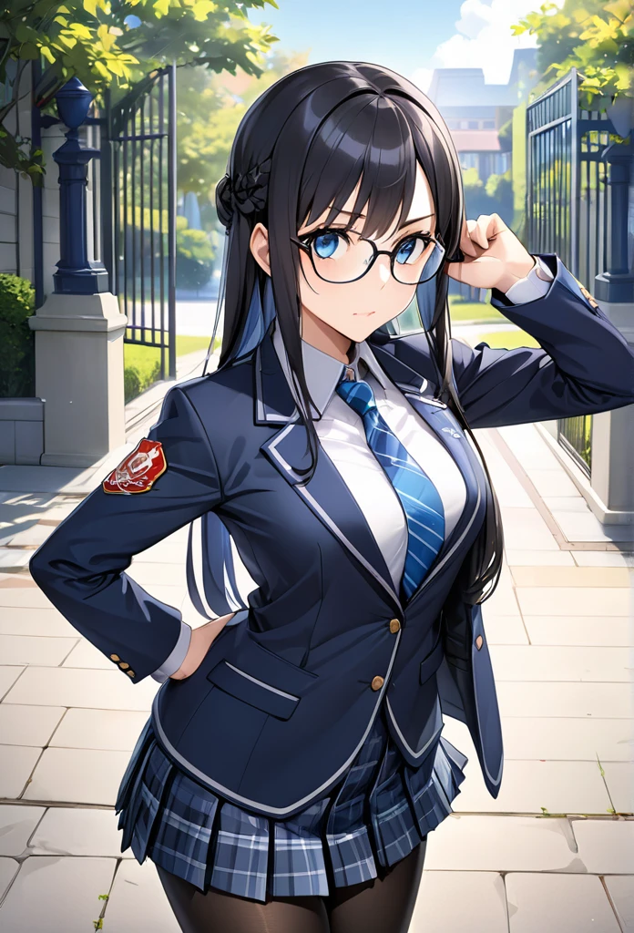 1 high school girl、Highest quality、Very detailed、High resolution illustrations、Ultra-high-definition CG、８k size wallpaper、beautiful glossy black hair、beautiful, Clear blue eyes、Glasses、Straight hair、bangs、Hime cut、Indigo blue blazer with emblem on left chest、Disciplinary Committee Blue Armband、Collared shirt、Patterned blue tie、Gray tartan check long pleated skirt、Black Pantyhose、Black Loafers、The disciplinary committee chairperson has a sharp and mature look.、morning、Surprise outfit check in front of the school gates、A little pouty、place your left hand on your hip、(Pose of pinching and lifting the vine of the glasses with the right hand)、