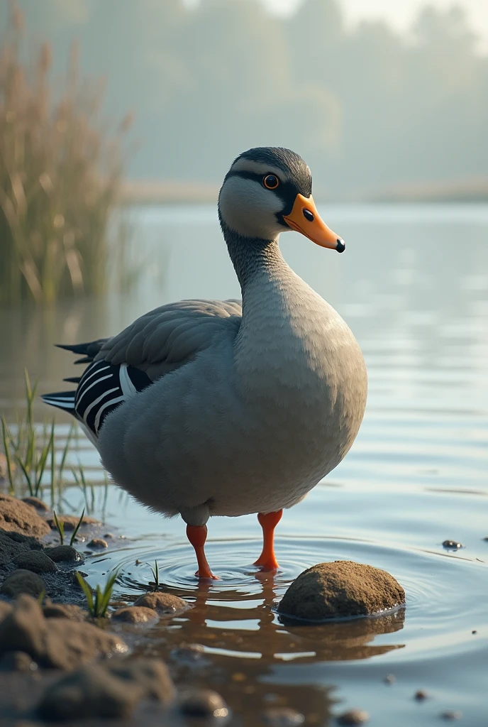 It is a gray duck looking for a brown rock