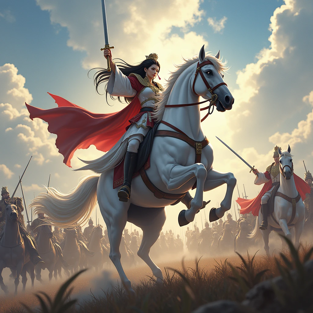 makoto shinkai style, 1girl, High Resolution, Long Hair, Black Hair, Hair Ornament, Best Quality, Masterpiece, Queen riding white horse, fighting in war