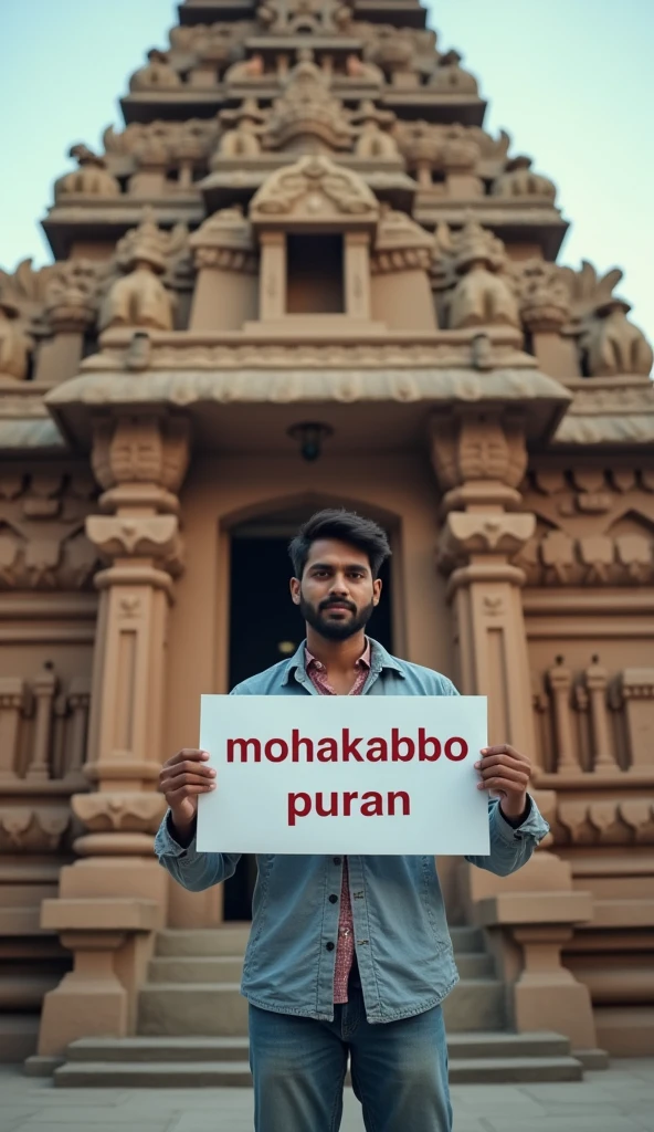 A photo of a man holding a sign that says "I also make video about Hindu mythology on my YouTube channel... Name of my Channel (Mohakabbo Puran). Please make a YouTube log.". The man is standing in front of a temple with intricate carvings.