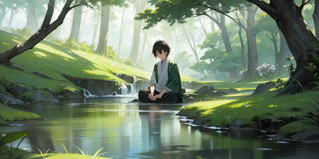 Hiro is in a meditation pose by a stream, close your eyes, With a calm expression. The surrounding landscape is peaceful and harmonious, It symbolizes his peace of mind..
 Depicts a young man meditating beside a flowing stream, With a calm expression. The background is calm, With the flowing stream, Green Grass, Trees swaying gently in the breeze々. The comical tone is in harmony with the calm atmosphere. 