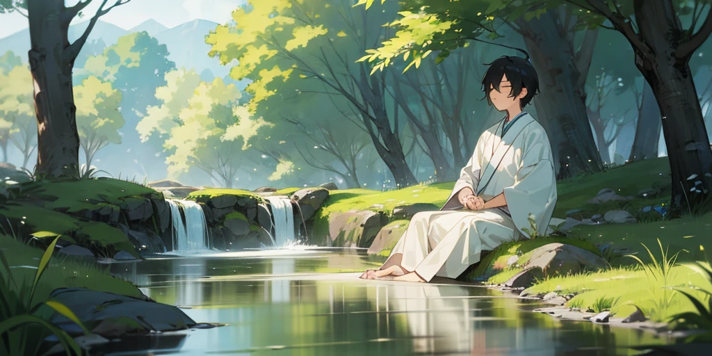 Hiro is in a meditation pose by a stream, close your eyes, With a calm expression. The surrounding landscape is peaceful and harmonious, It symbolizes his peace of mind..
Depicts a young man meditating beside a flowing stream, With a calm expression. The background is calm, With the flowing stream, Green Grass, Trees swaying gently in the breeze々. The comical tone is in harmony with the calm atmosphere.