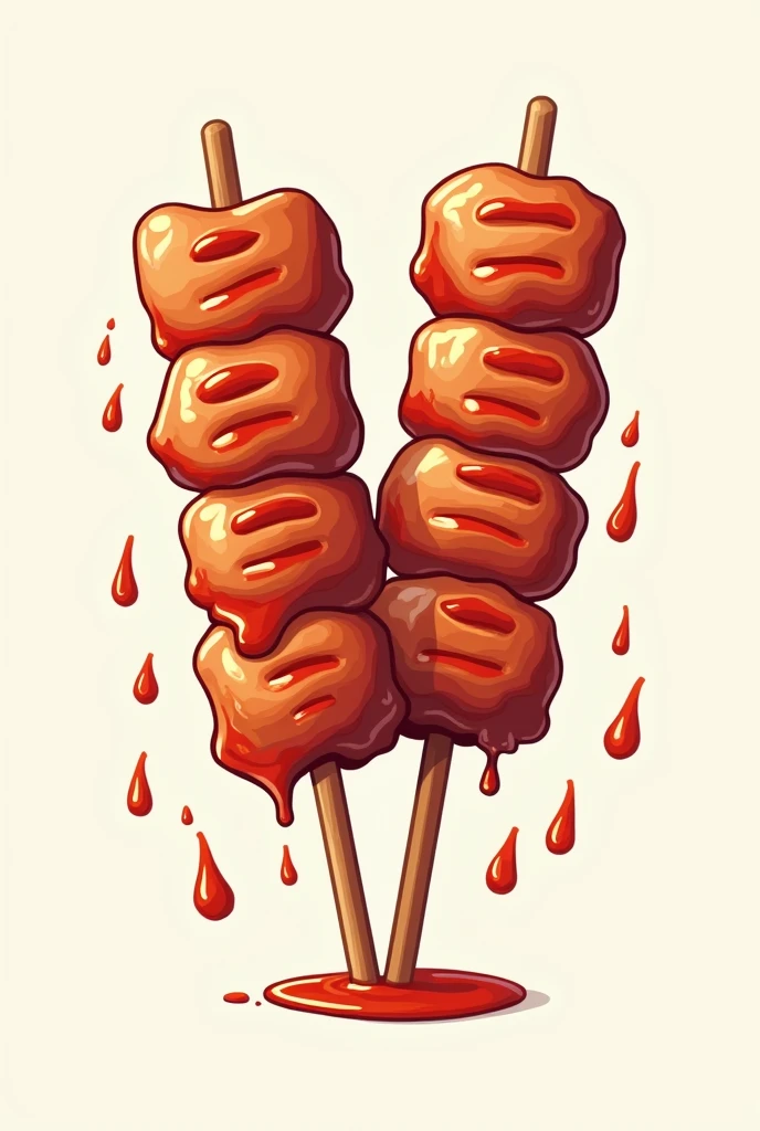 Logo of a grilled pork skewers shop with sauce on top 