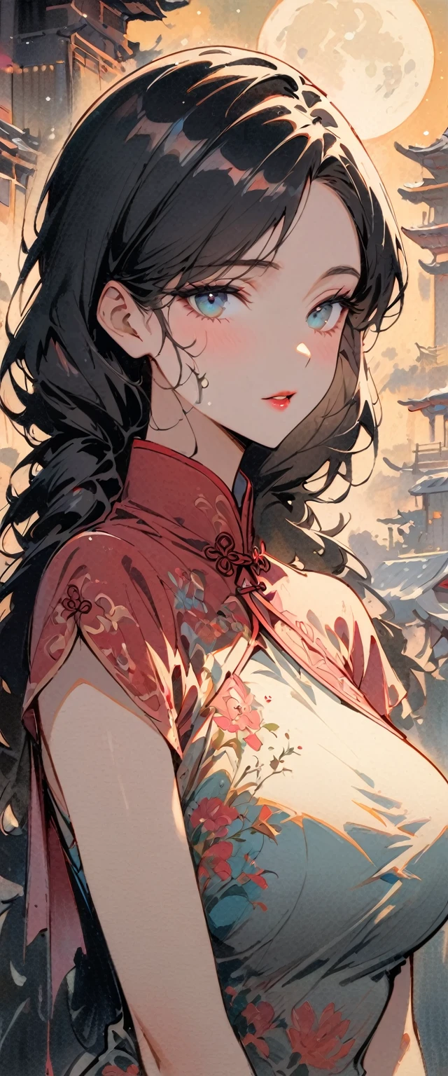 masterpiece, (best quality: 1.2), (Ultra-fine: 1.2), illustration, (extremely delicate and beautiful: 1.2), vintage movie, 1 girl,whole body,extremely detailed face, Beautiful and delicate eyes,There is light on the face,Large, regular breasts, looking at the audience,outdoor,black hair,(black chinese architecture),cheongsam,traditional media, (moon: 1.2), starry sky, (light particles: 1.1), FOG , snow painting, sketch, bloom