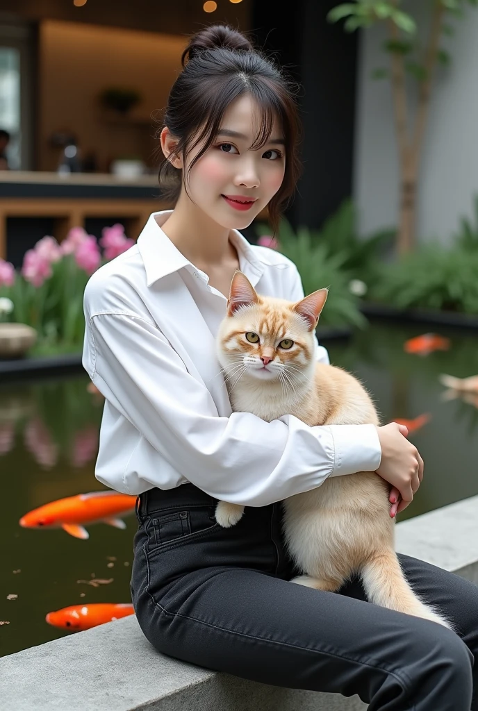 Beautiful Korean Women , smooth white skin, well-groomed face,hair up,bangs, korean way,baju kemeja putih kotak-kotak black,White shirt, Santi logo cargo jeans pants, black, jam tangan black, sitting posing with a slight smile, near the koi pond,in the pond there are many koi fish ,(hugging a large angora cat,) left-right pool, there are colorful orchid flowers,background shows the kitchen of a luxury home, Realistic original photo, 