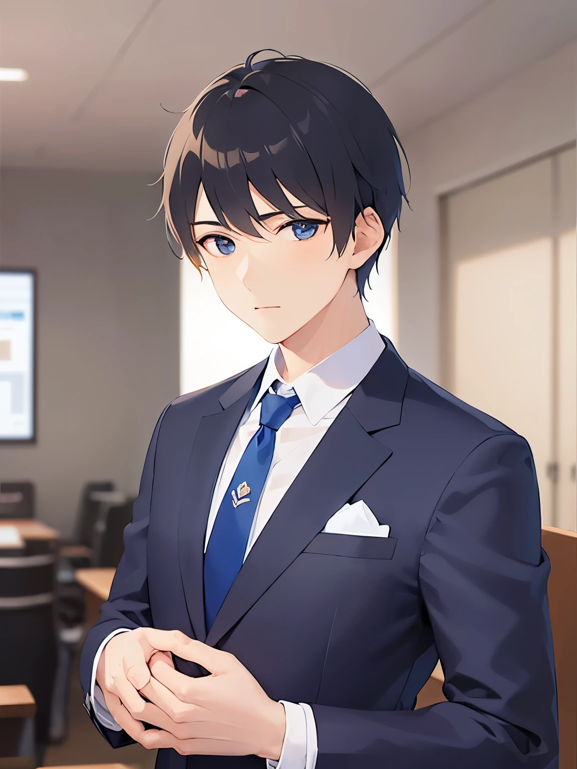 hand up, Biologically correct five fingers、upper body、shiny skin, masterpiece、Highest quality、(2 male:1.5) and (Black short hair) and (blue eyes), (Wearing a suit:1.5) and (Blue tie)、Confused expression、Background is an office room、(Alone:1.5)