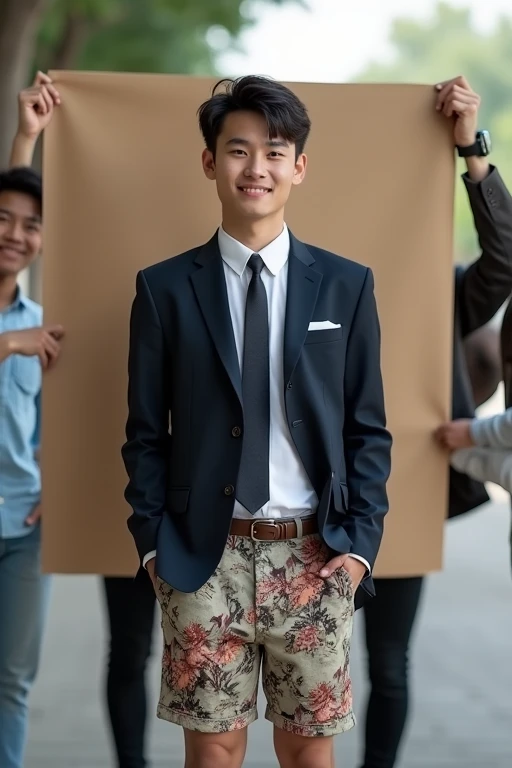 Ảnh hồ sơ của nam sinh viên Việt Nam đang nhìn thẳng vào màn hình. Above wearing a neat suit and tie, below wearing sloppy floral shorts.. The pants look old.. Behind him are two friends holding a makeshift backdrop to help him take a photo.. Photo taken from the guy's knee up. Chàng trai cười nhăn nhở