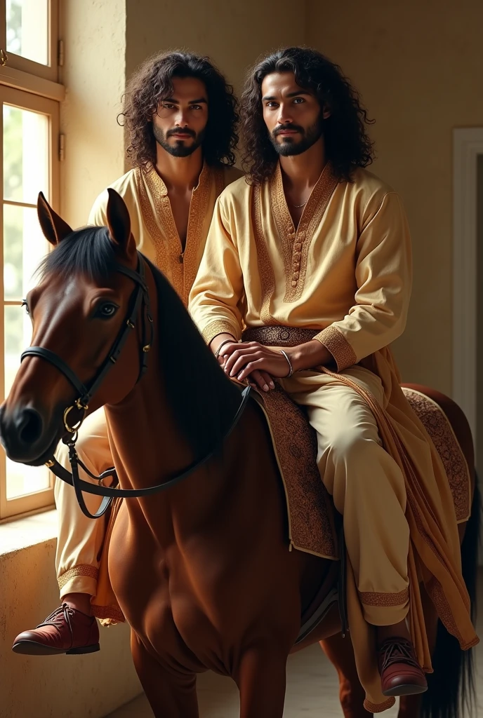 (photorealism:1.2), beautiful men , sitting on horse, kurta and sulvar , long curly hair, indoors, soft lighting, ground in background, window with sunlight, cozy room, relaxed pose, realistic, intricate details, warm colors, by Greg Rutkowski, by Alphonse Mucha