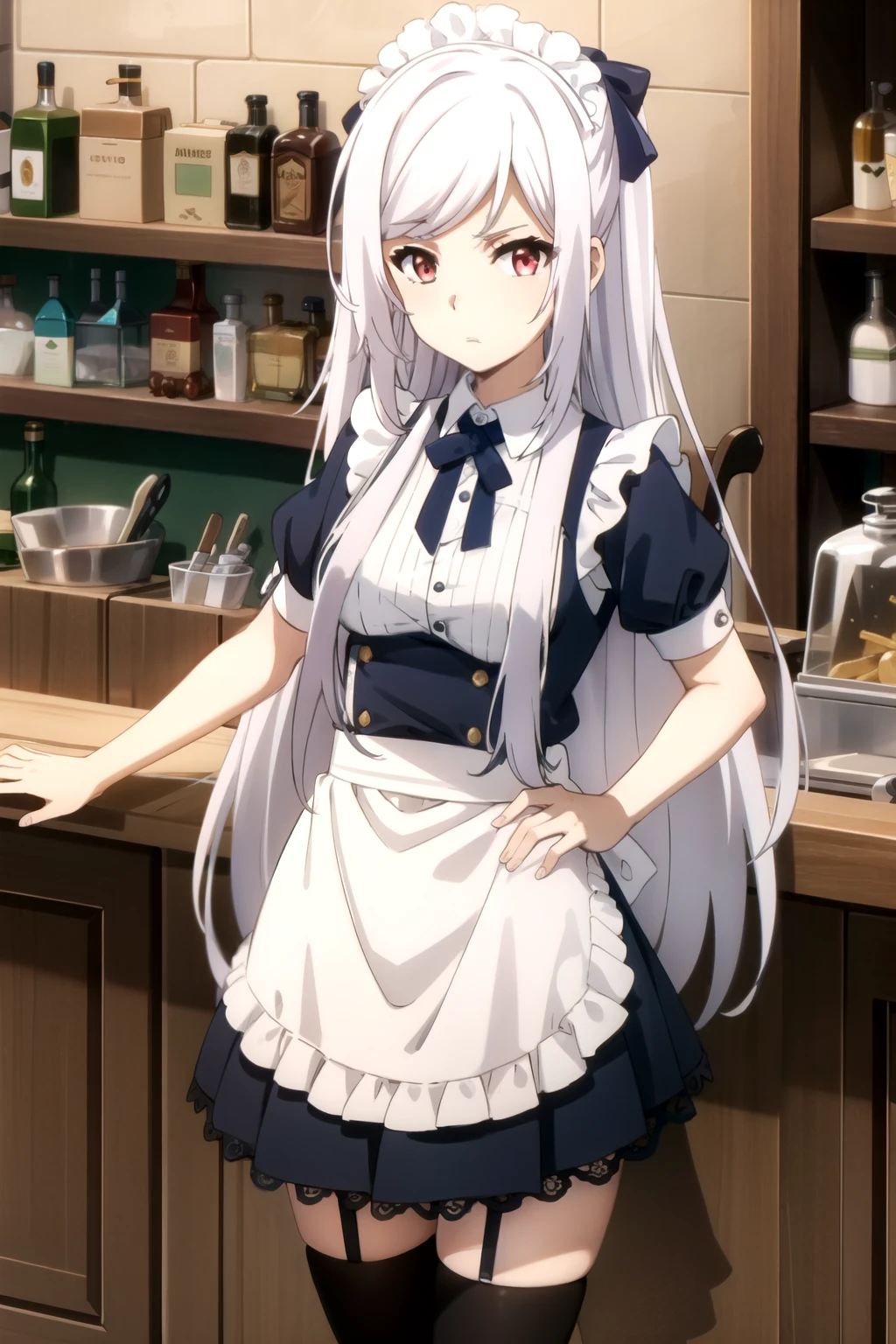 (alexia midgar), (faithfully), One gir, red eyes, long hair, very long hair, Silver hair,hair ribbon, sidelocks, (medium breastst), maid headdress, mini-skirt maid, standing, lace stockings, black pumps, standing, cowboy shot, spread legs, looking at viewer, indoor, bar
