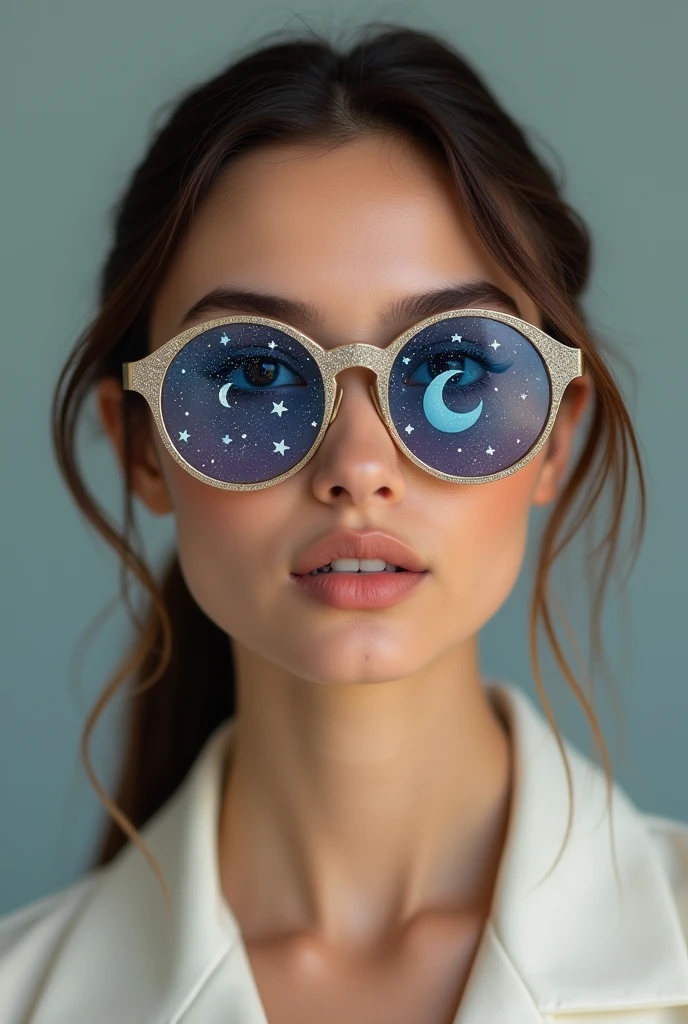 The model is wearing glass sunglasses with stars and the moon on the glass