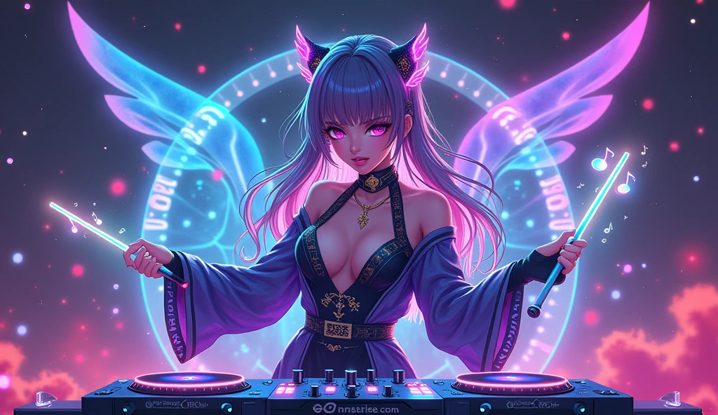 Design a female anime character as an EDM-themed witch. She should wear a stylish, modern witch outfit that blends magical elements with high-energy electronic music vibes. Her attire can include a sleek, enchanted robe with glowing runes and neon accents. She wields a magical staff or wand that doubles as a DJ controller, with pulsating lights and holographic displays. Behind her, a futuristic DJ table should feature shimmering, spellbound elements like floating musical notes and arcane symbols. Her hair can be styled with vibrant, neon colors and light-up accessories to reflect the EDM aesthetic. The overall design should merge the mystique of magic with the electrifying energy of EDM music.