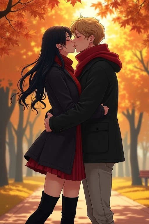 I would like to get an image of an anime-style couple consisting of an adult man with short curly golden hair, dressed in a black jacket, a warm red sweater and scarf, light jeans, kissing a young incredibly beautiful woman with long black hair, in a short red wool dress and a black puffed jacket, high black boots, which She hugs him by the neck. Autumn Park. In full growth. beautiful drawing. a masterpiece.