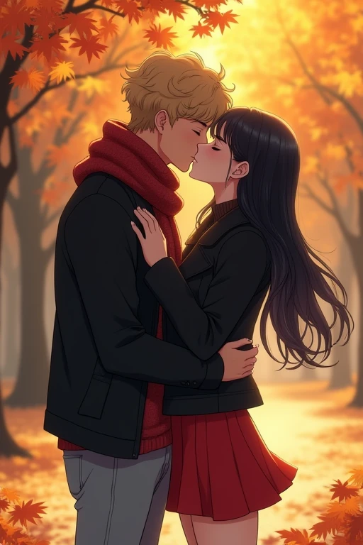 I would like to get an image of an anime-style couple consisting of an adult man with short curly golden hair, dressed in a black jacket, a warm red sweater and scarf, light jeans, kissing a young incredibly beautiful woman with long black hair, in a short red wool dress and a black puffed jacket, high black boots, which She hugs him by the neck. Autumn Park. In full growth. beautiful drawing. a masterpiece.
