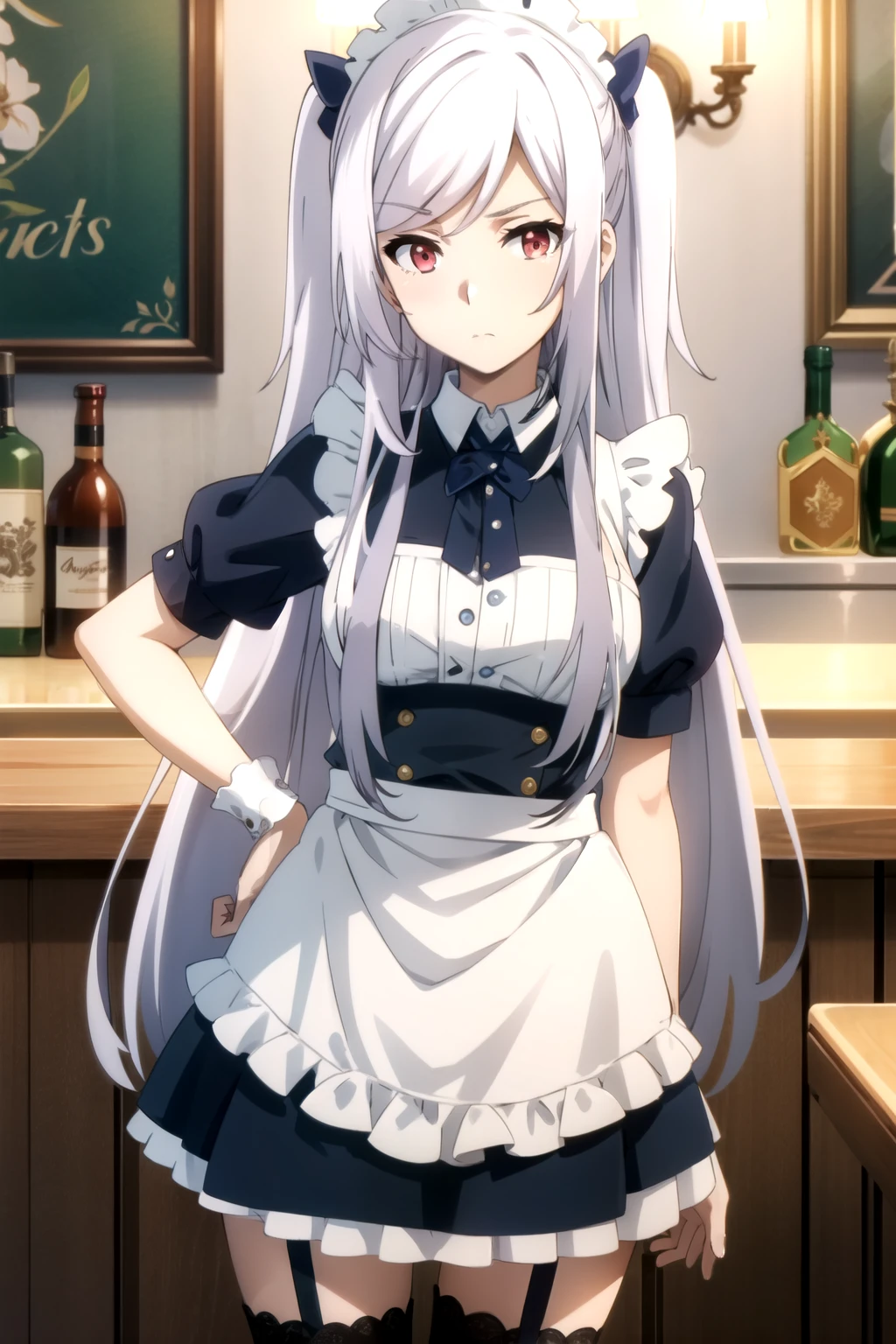 (alexia midgar), (faithfully), One gir, red eyes, long hair, very long hair, Silver hair,hair ribbon, sidelocks, (medium breastst), maid headdress, mini-skirt maid, standing, lace stockings, black pumps, standing, cowboy shot, spread legs, looking at viewer, indoor, bar