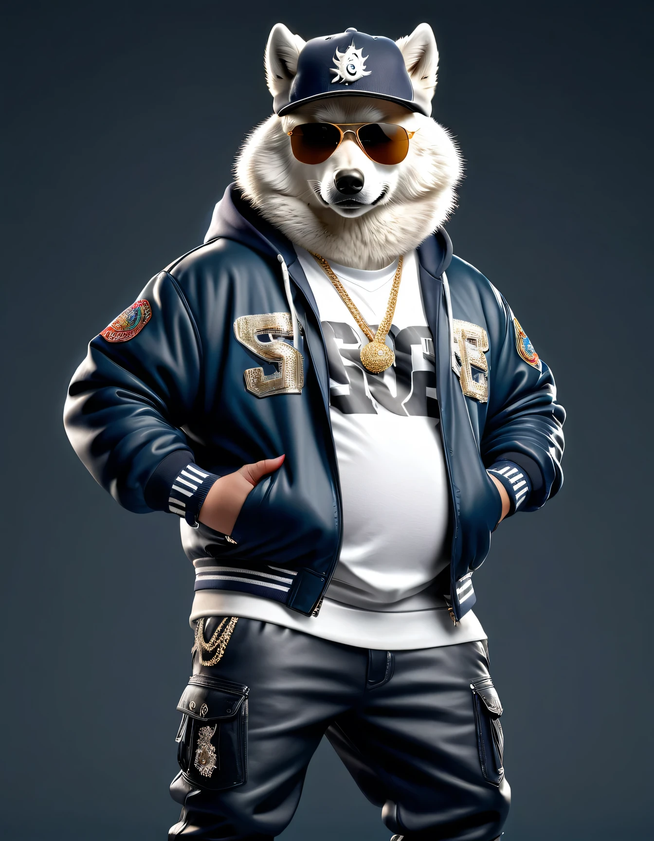 photorealistic portrait of Dressed animals - a ((fat)) (white wolf) hip hop dancer,(hands on hips:1.5), high quality,(lovely) ,intricate details, highly detailed ((hip hop fashion)) ,(wearing sunglasses:2.0), (cap, pants, sneakers),(wearing a jacket and hoodie) ,, wearing sunglasses, (happy), studio lighting,(full body image:1.5),score_9, score_8_up, score_7_up, score_6_up, score_5_up, score_4_up,