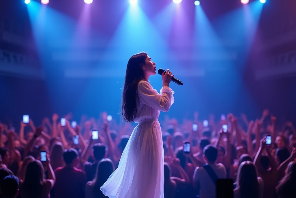 High Resolution, Masterpiece, Accurate, Best Quality, Detail, High Details, High Quality, Realistic photo. A 30 year old Indonesian wife, wearing a white dress, long dark hair, white skin, height: 155 cm, weight: 45 kg. The image shows a young woman standing on a stage, holding a microphone and singing passionately. She is wearing a white dress with long sleeves and a fuffled skirt. The dress has a high neckline and long sleeves. She has long dark hair. The stage is lit up with blue and purple lights, and there is a large crowd of people in the background, some of whom are holding up their phones to capture the moment. The woman appears to be in the middle of a performance, with her eyes closed and her mouth open as she sings.

