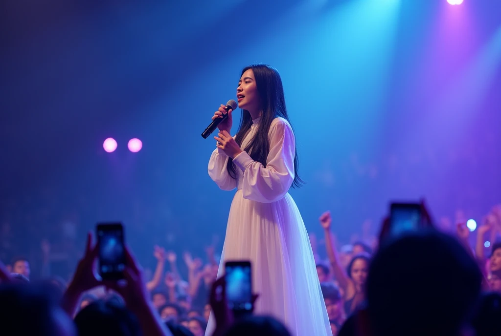 High Resolution, Masterpiece, Accurate, Best Quality, Detail, High Details, High Quality, Realistic photo. A 30 year old Indonesian wife, wearing a white dress, long dark hair, white skin, height: 155 cm, weight: 45 kg. The image shows a young woman standing on a stage, holding a microphone and singing passionately. She is wearing a white dress with long sleeves and a fuffled skirt. The dress has a high neckline and long sleeves. She has long dark hair. The stage is lit up with blue and purple lights, and there is a large crowd of people in the background, some of whom are holding up their phones to capture the moment. The woman appears to be in the middle of a performance, with her eyes closed and her mouth open as she sings.

