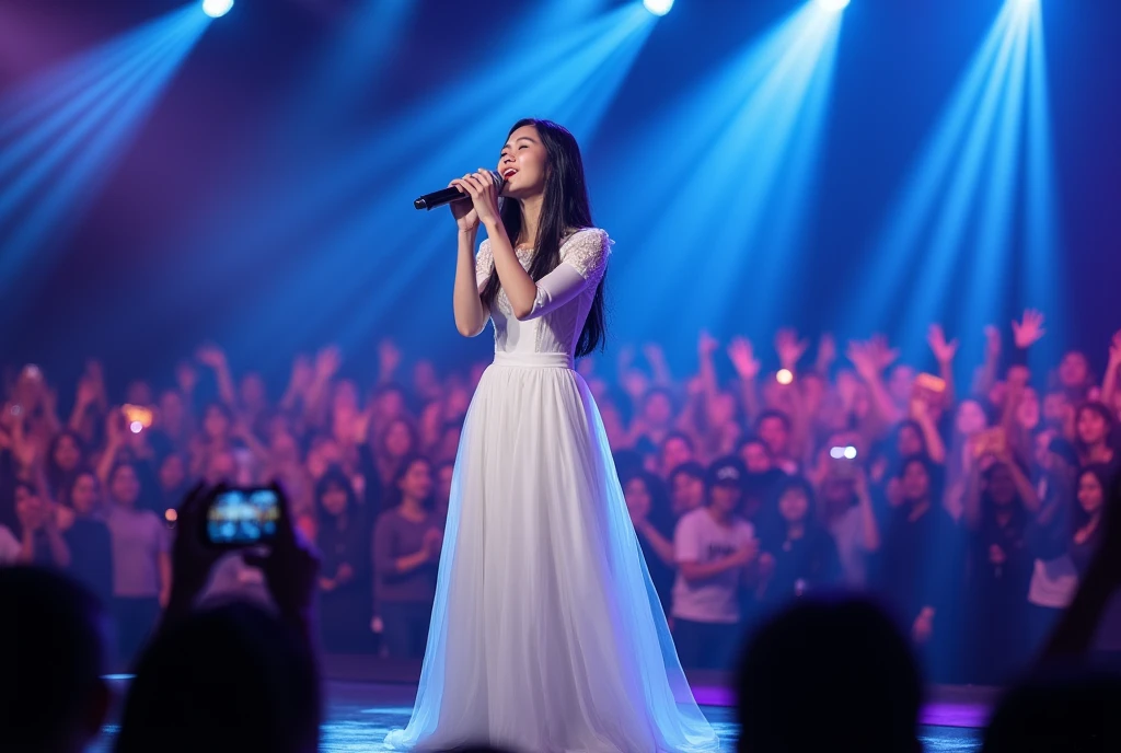 High Resolution, Masterpiece, Accurate, Best Quality, Detail, High Details, High Quality, Realistic photo. A 30 year old Indonesian wife, wearing a white dress, long dark hair, white skin, height: 155 cm, weight: 45 kg. The image shows a young woman standing on a stage, holding a microphone and singing passionately. She is wearing a white dress with long sleeves and a fuffled skirt. The dress has a high neckline and long sleeves. She has long dark hair. The stage is lit up with blue and purple lights, and there is a large crowd of people in the background, some of whom are holding up their phones to capture the moment. The woman appears to be in the middle of a performance, with her eyes closed and her mouth open as she sings.