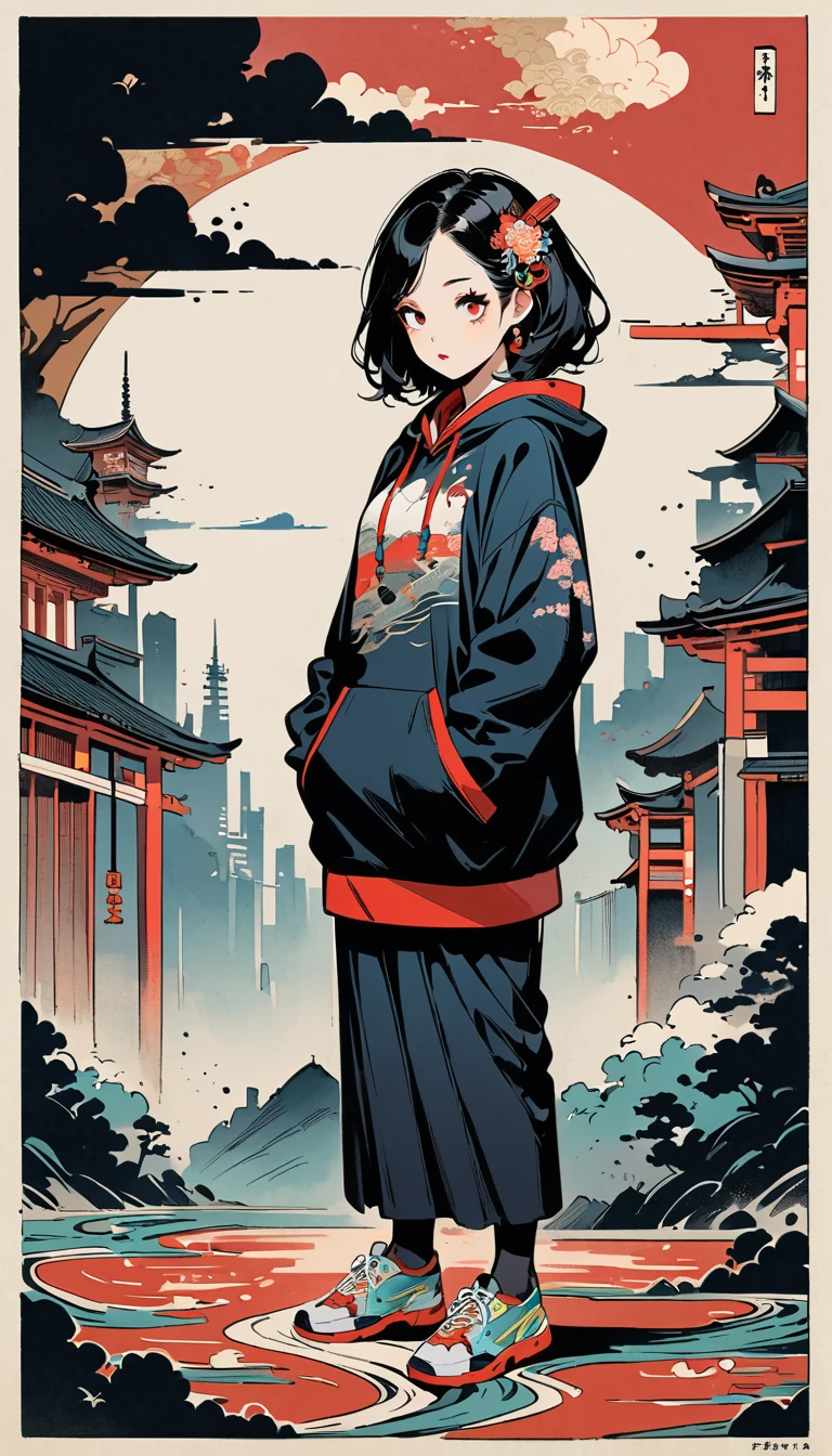 (((Ink Painting))), (((Cyber City))), (((1 girl))), (((whole body))), (((Fancy hair accessories))), (((Very flashy makeup))), Japanese style headphones, Japanese pattern hoodie, Wear a hood, Put your hands in your pockets, Japan人の美女, Black Hair, Delicate and precise, Modern ukiyo-e style,Japan, Droopy eyes, Round face