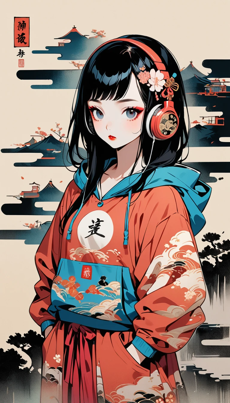 (((Ink Painting))), (((Cyber City))), (((1 girl))), (((whole body))), (((Fancy hair accessories))), (((Very flashy makeup))), Japanese style headphones, Japanese pattern hoodie, Wear a hood, Put your hands in your pockets, Japan人の美女, Black Hair, Delicate and precise, Modern ukiyo-e style,Japan, Droopy eyes, Round face
