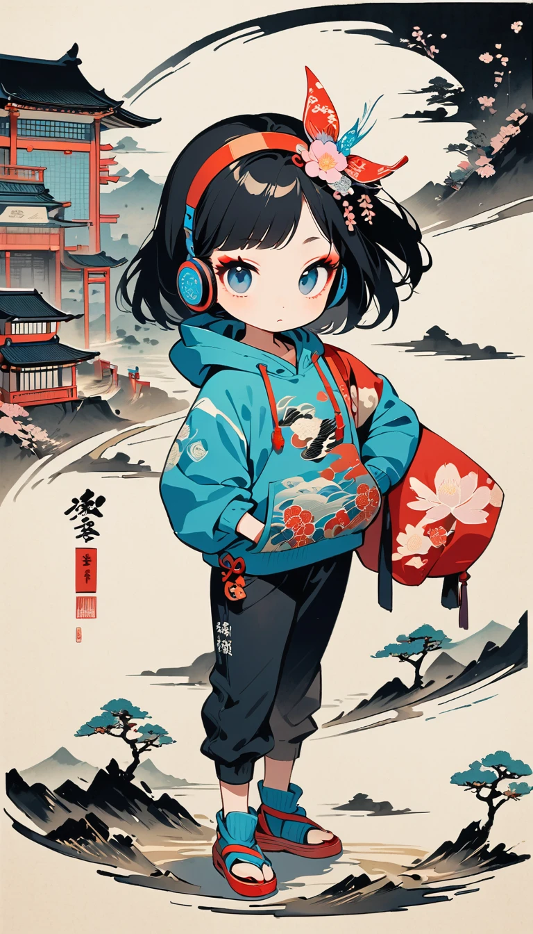 (((Ink Painting))), (((Cyber City))), (((1 girl))), (((whole body))), (((Fancy hair accessories))), (((Very flashy makeup))), Japanese style headphones, Japanese pattern hoodie, Wear a hood, Put your hands in your pockets, Japan人の美女, Black Hair, Delicate and precise, Modern ukiyo-e style,Japan, Droopy eyes, Round face