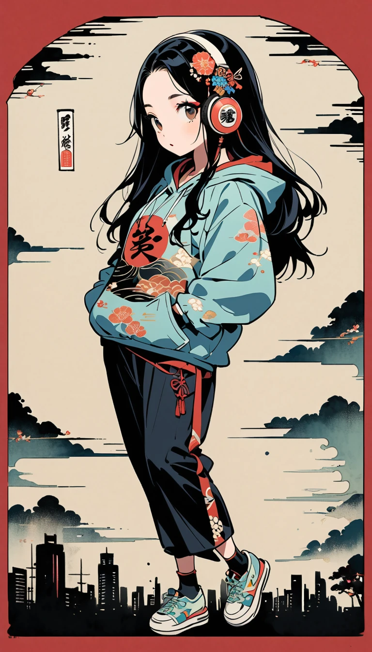 (((Ink Painting))), (((Cyber City))), (((1 girl))), (((whole body))), (((Fancy hair accessories))), (((Very flashy makeup))), Japanese style headphones, Japanese pattern hoodie, Wear a hood, Put your hands in your pockets, Japan人の美女, Black Hair, Delicate and precise, Modern ukiyo-e style,Japan, Droopy eyes, Round face
