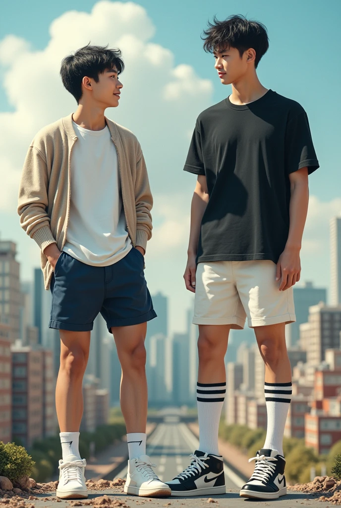 2 handsome asian male teenagers with tall and slim bodies. 1st wears a white shirt, beige cardigan, navy blue shorts, long white socks with 2 black stripes and air jordans. 2nd wears a black t shirt, white shorts, long black socks with 2 white stripes on it, and air jordans. They are stomping and trampling on a model city, crushing and destroying the city happily pretending to be giants