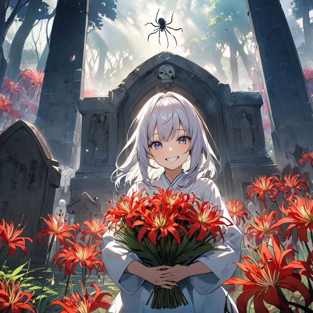 masterpiece、Bold, anime-style illustration、Dense painting、Humorous de crazy、Cinematic lighting、Buddhist Cemetery、I came to visit the grave『不思議の国alice of』alice of、She is holding a bouquet of spider lilies in both hands。Invincible Smile、The dead are happy too。
