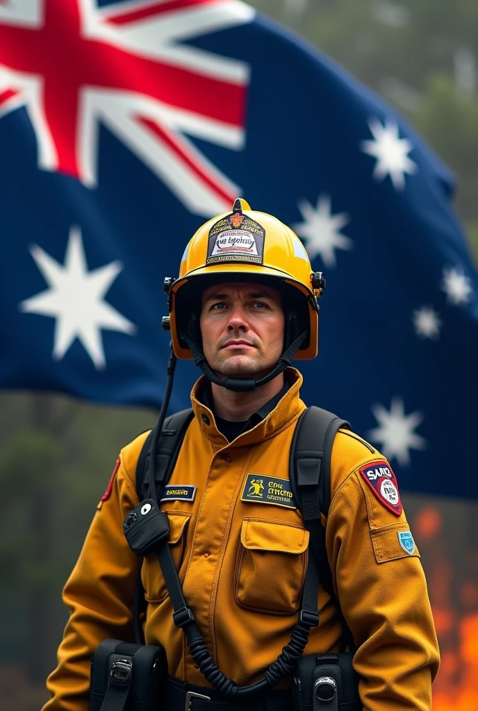 an Australian army firefighter with the words, ‘when you run out we run in’ with Australian flag behind him. Not American helmet please