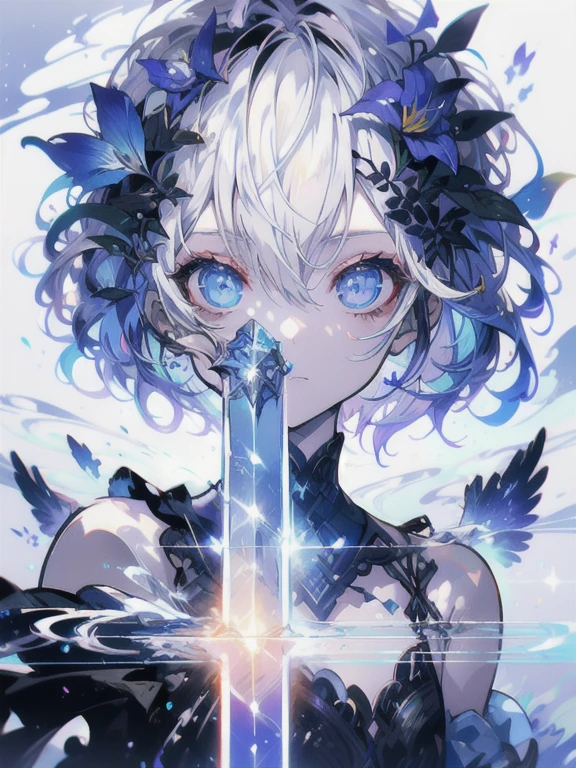 Iris heterochromatic、beautiful、ephemeral、Silver Marble Skin、hope、Highest quality、masterpiece、landscape、Magical atmosphere、Blue theme、Extend your hand to the sky、Sunken eyes、General people、Dark atmosphere、White background
