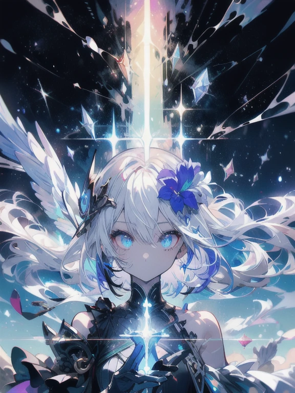 Iris heterochromatic、beautiful、ephemeral、Silver Marble Skin、hope、Highest quality、masterpiece、landscape、Magical atmosphere、Blue theme、Extend your hand to the sky、Sunken eyes、General people、Dark atmosphere、White background