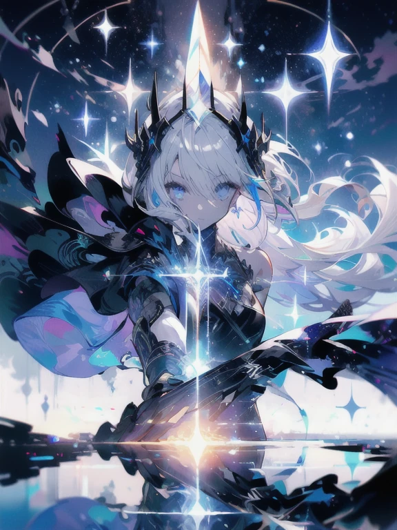 Iris heterochromatic、beautiful、ephemeral、Silver Marble Skin、hope、Highest quality、masterpiece、landscape、Magical atmosphere、Blue theme、Extend your hand to the sky、Sunken eyes、General people、Dark atmosphere、White background