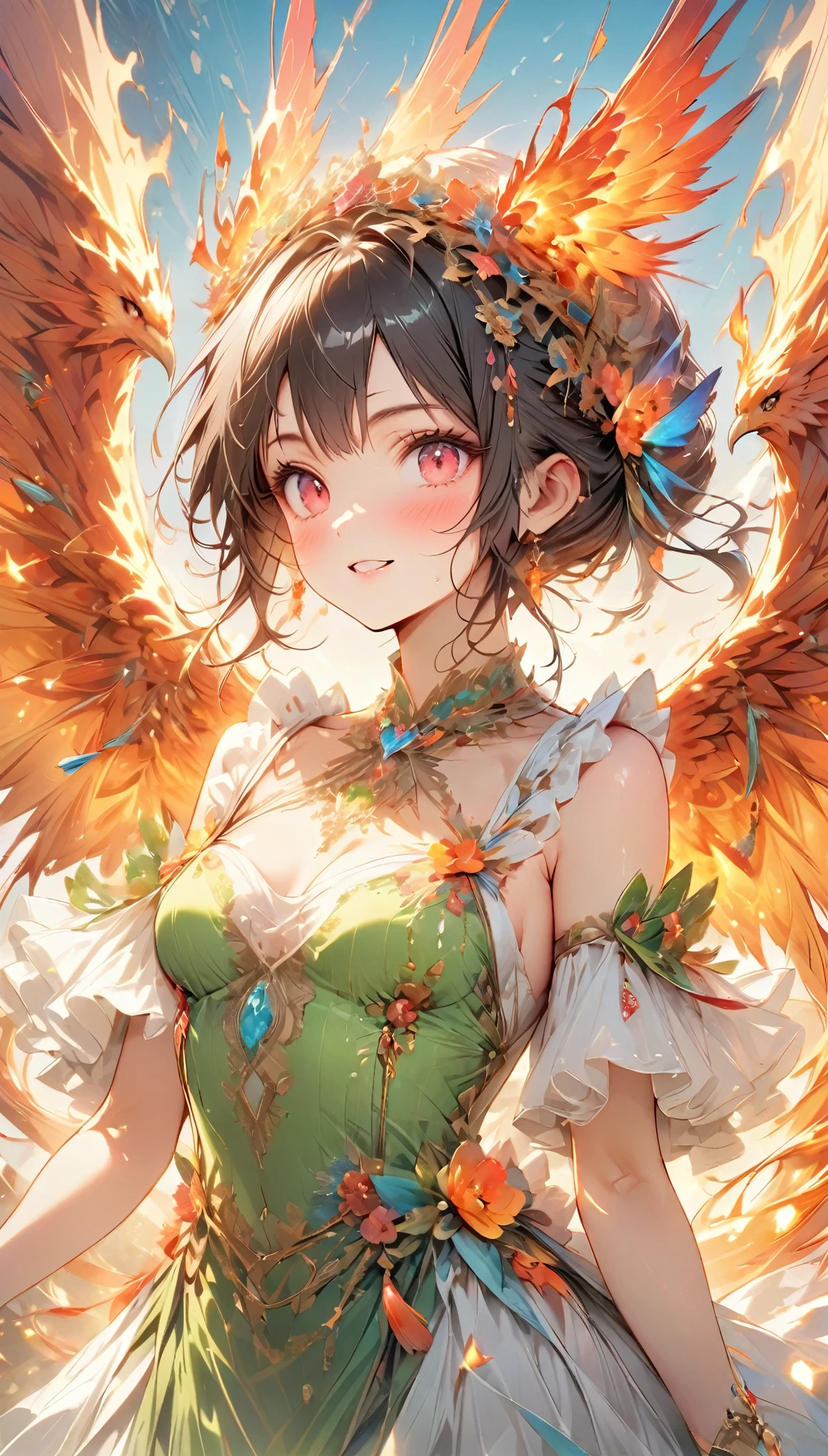 Light, ((absurd and unreasonable)), 超high resolution, Attention to detail, high quality, high resolution, Top quality, 4K, 8K, artwork, marvelous,interested in、embroidery、age-old tapestries、Phoenix、Spread your wings，Flying in the air、The long tail feathers are unique、The heat of the flames filled the air、Firebird