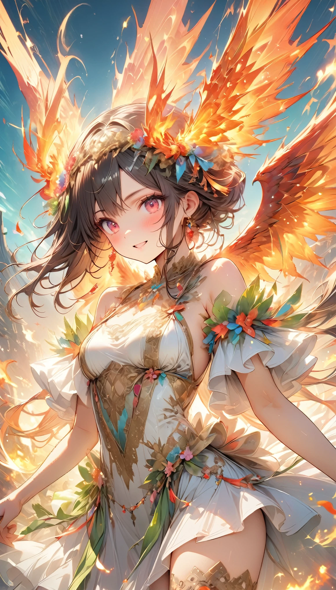 Light, ((absurd and unreasonable)), 超high resolution, Attention to detail, high quality, high resolution, Top quality, 4K, 8K, artwork, marvelous,interested in、embroidery、age-old tapestries、Phoenix、Spread your wings,Flying in the air、The long tail feathers are unique、The heat of the flames filled the air、Firebird