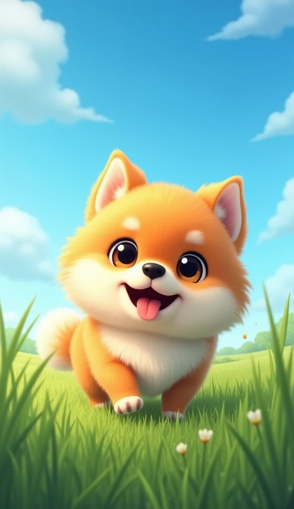 Pomeranian,fluffy,blue sky,In the grassland,Smile,Sticking out tongue,Looking at this,Adorable