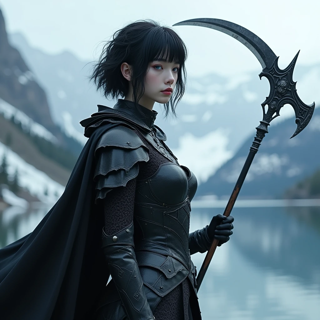 A pale beautiful young woman in her late 20s large breast, slender and stunning body, raven hair, messy hair, Deep blue eyes, Clad in full plated black armour, holding a black scythe, near a serene lake on a snowy mountain Masterpiece, Anatomically Correct, Best Quality, Accurate, High Resolution, High Details, UHD, Large breasts, Bangs, Short Hair, Black Hair, Hair Between Eyes, Shiny Hair, Wavy Hair, stunningly beautiful like a goddess and pale ghostly white, Short hair