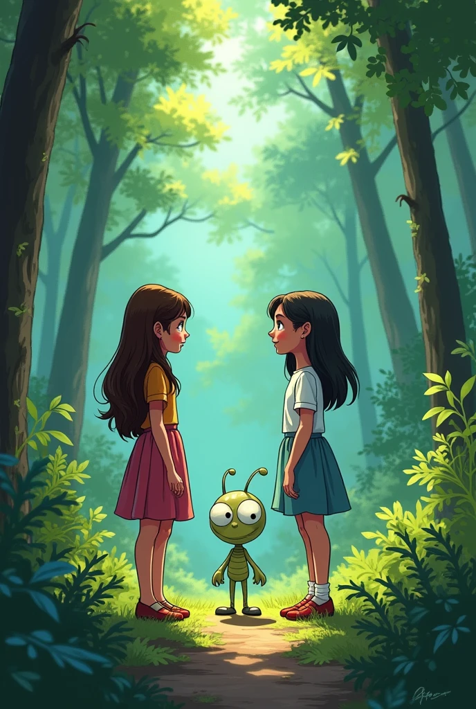 And ager girls speaking with an alien in a forestry area with greenish and blue is ambience of light they are standing and a distance the Girish surprised in a cartoonist and sketches style like illustrations of Ruskin bond's book