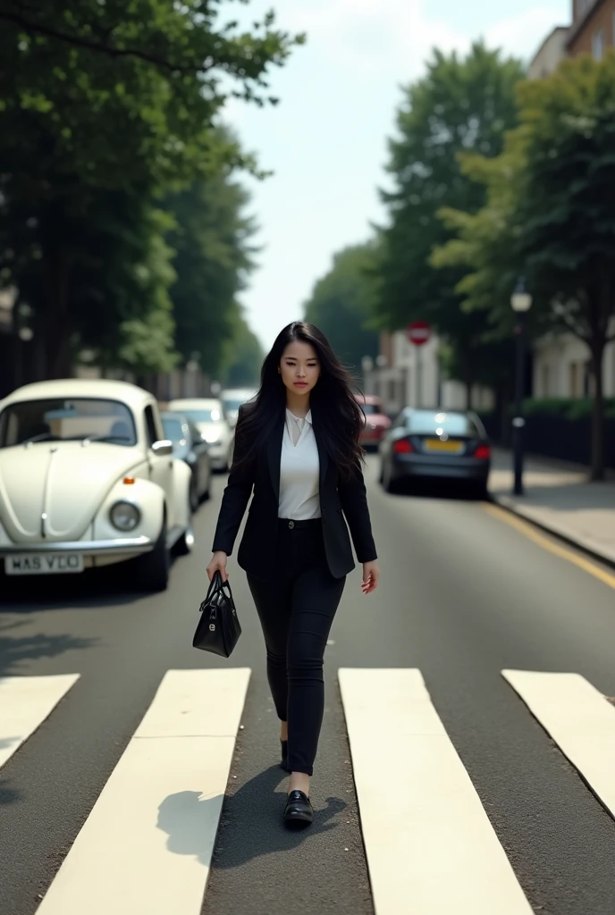 (photorealism:1.2), an image that resembles the iconic album cover of the beatles "abbey road", an curve asian woman with long black hair, wearing a black jacket, white shirt, black pants, black shoes, is walking across the zebra crossing in abbey from left to right, there is a white classic Volkswagen Beetle parked on the road on the left and further down the road on the right side there are more cars and trees lining the road.

This image is very famous and often imitated in popular culture,