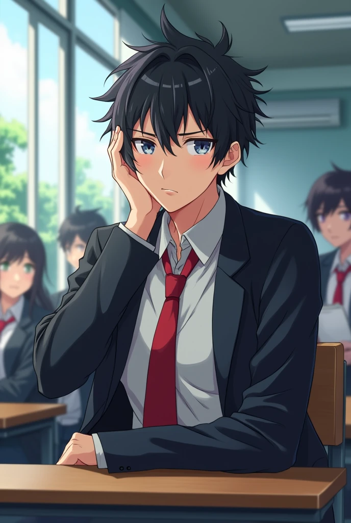 A medium shot anime-style of a male character with natural slightly messy and tousled hair, similar to the main character of the anime 'Hyōka'. He is dressed in a Japan-style school uniform He wears a black blazer as part of his school uniform, with a white t-shirt underneath, and a red tie. He is sitting in a school classroom at a table by the window side. His one hand is on his cheek and His face is expression disinterested. The background is filled with other students. With sleepy eyes , he is 1 , He weighs 50 kilograms
"And he is sitting on a bench like a window, with his classroom on the 3rd floor."
"And he always maintains a disinterested expression."