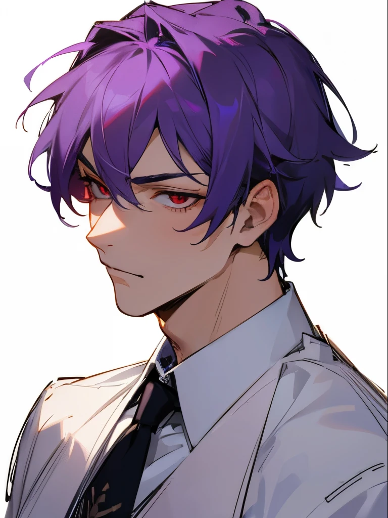 Ultra Detail,Haig quality,Sketch,1 Boy,Mature Men,Beautiful face,Purple Hair,Pearl Skin,White Shirt,Red Eyes,Like a cat's eyes,10th generation male,god's generation、Project Sekai、smile、laughing、Draw the body from head to crotch、Deacon's uniform、Beautiful Boy、Deacon's uniformを着ている、Overall drawing