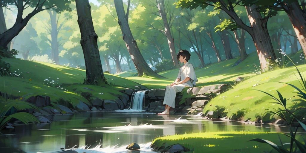 Hiro is in a meditation pose by a stream, close your eyes, With a calm expression. The surrounding landscape is peaceful and harmonious, It symbolizes his peace of mind..
Depicts a young man meditating beside a flowing stream, With a calm expression. The background is calm, With the flowing stream, Green Grass, Trees swaying gently in the breeze々. The comical tone is in harmony with the calm atmosphere.