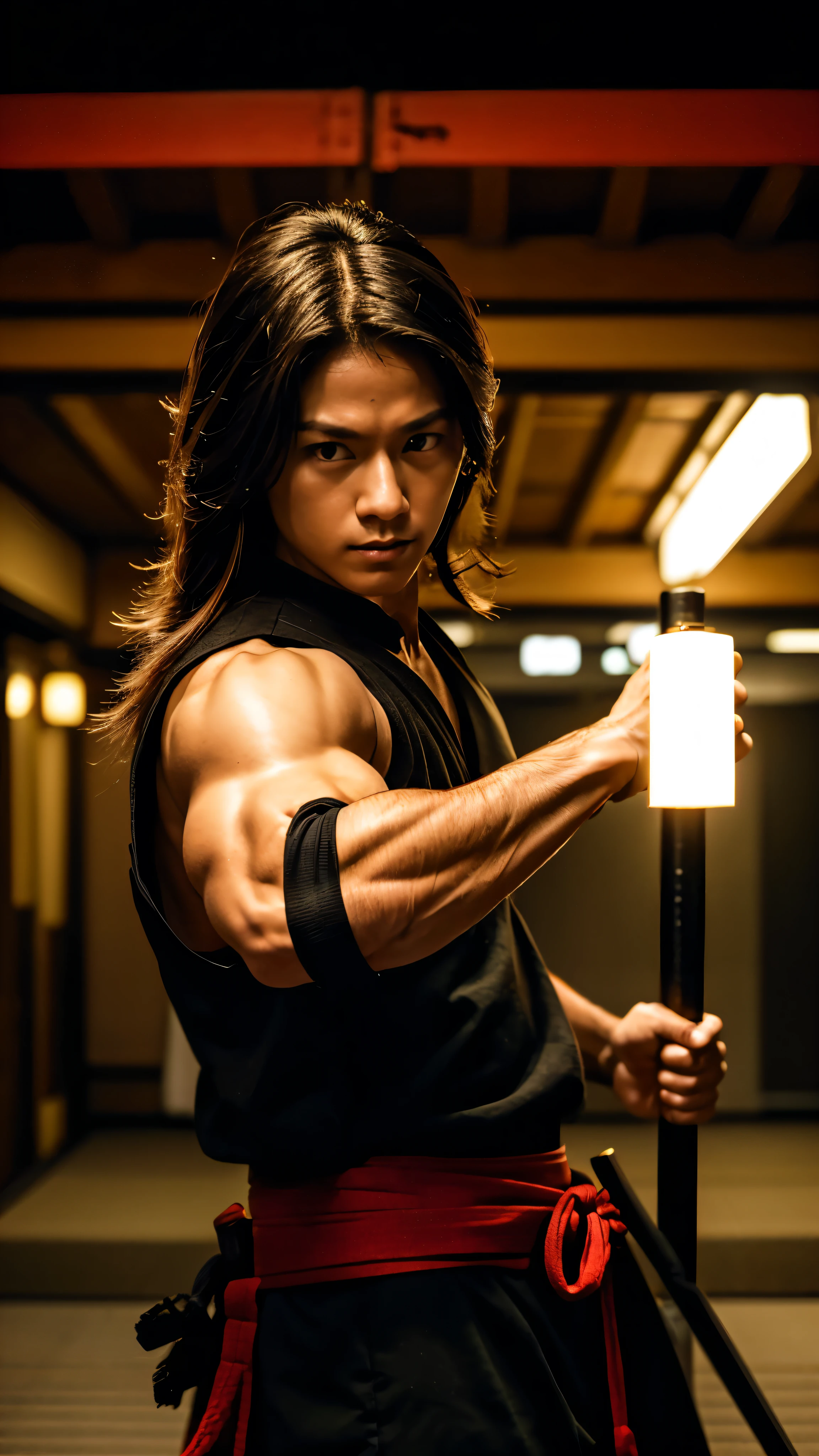 Realist:1.3,( fPhoto, Realist, 8k, RAW Photos, Premium Quality, masterpiece, Great lighting, Centered Images), (Samurai), (Dynamic Movement, Dynamic fighting,), (2 katana), whole body, (Handsome Japanese young man, have confidence、Trained muscles., Wildman and his body with perfect details), cyber punk, Disheveled brown long hair, Warrior, Tokyo, Shibuya Ward,