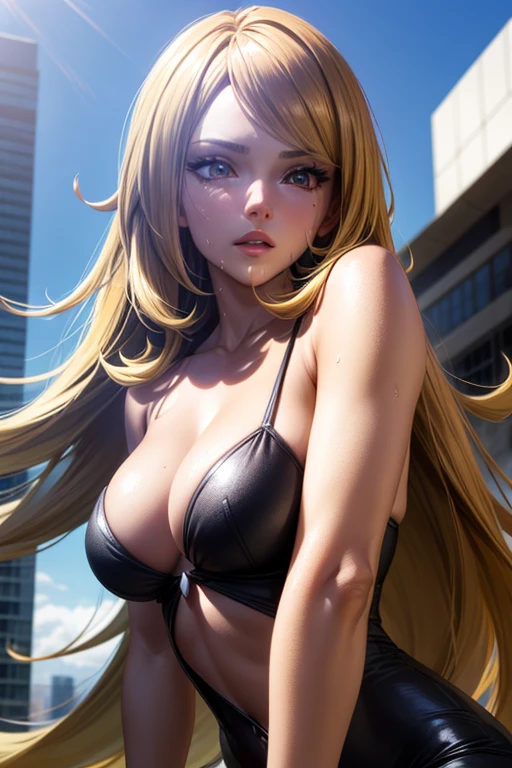 masterpiece, Highest quality, (Unreal Engine), reality:1.5, Super Resolution, Very detailed, Complex, colorful, Clear images, Sharp focus, Digital Blending,
Beautiful woman, cynthia \(pokemon\), Big Breasts, Perfect Eyes, Beautiful Eyes, Perfect Face, Ultra detailed hair, Ultra detailed face, Very detailed lips, Vivid expression, Healthy Body, Beautifully detailed sweat glands, Smooth skin texture, Beautiful Skin, Carefully drawn,
Dynamic pose,
In the Pokémon world, Outdoor, In the hustle and bustle of the city, (Shot on Sony α9, Dynamic Angle),