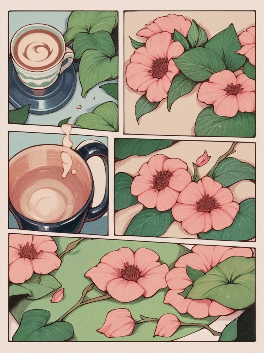 score_9, score_8_up, score_7_up, score_6_up,  p4n3ls, 1girl, coffee, flowers, panels