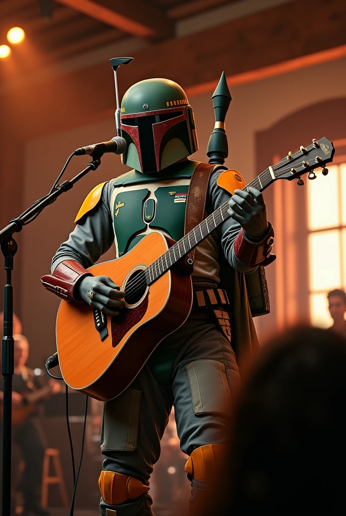 Boba Fett is a country song singer.、He is singing passionately while playing the guitar.、Star Wars、movie、Mandaean、