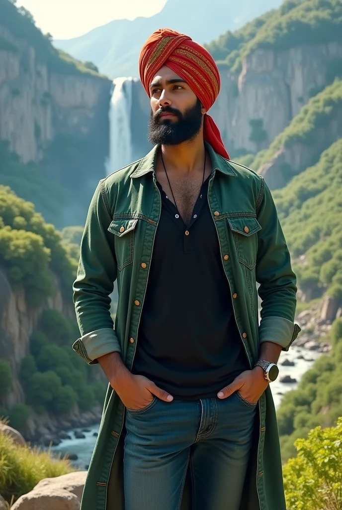 A19 beautiful punjabi old  boy ,, turban woman, on shuese blackk top, jins pants, long  jins jecket green ,,is whrite name poorav rai looking for locked p ,,  background, pahadi wattar 