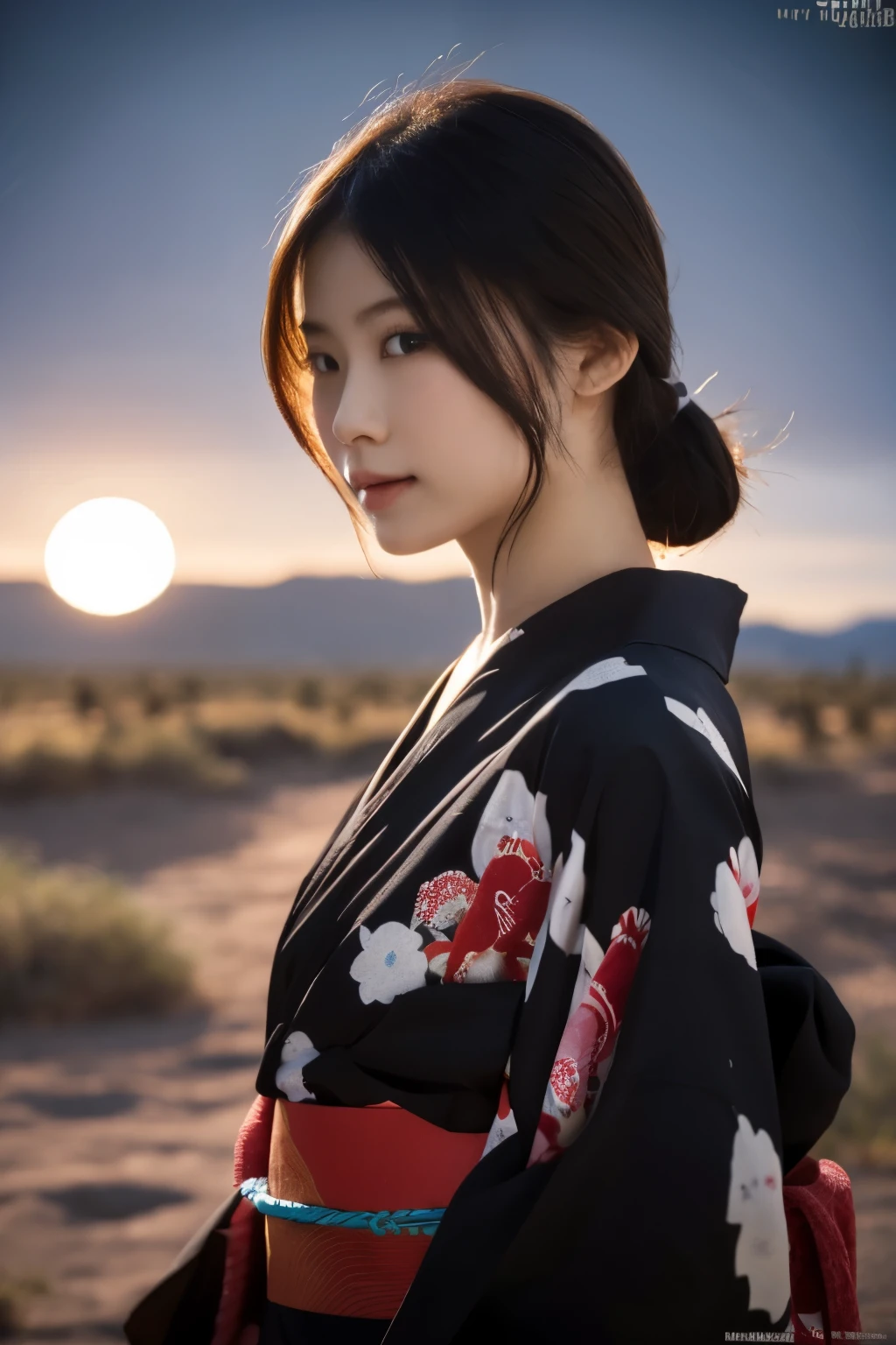 1 girl, (Please wear a cute red yukata.....:1.2), Very beautiful Japanese idol portraits, 
(RAW Photos, Highest quality), (Realistic, Realistic:1.4), (masterpiece), 
Very delicate and beautiful, Very detailed, 2k wallpaper, wonderful, finely, Very detailed CG Unity 8K wallpaper, Very detailed, High resolution, Soft Light, 
Beautiful detailed girl, Very detailed目と顔, Beautiful and sophisticated nose, Beautiful and beautiful eyes, Cinema Lighting, 
(Standing in the desert on a moonlit night:1.3), (Big Moon), (月明かりに浮かぶ少女のwhole bodyのシルエット), (Dark screen:1.5), 
(Medium Hair), (Tie your hair back), (whole body), 
Complete Anatomy, Slender body, Small breasts