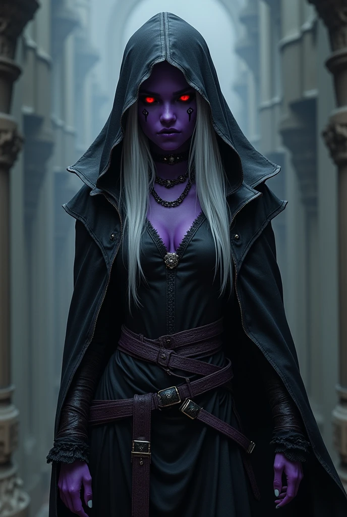 elfa drow,  purple skin, Eyes red, white  hair, assassin outfit with two daggers, scar on eye, hood on the head, Ear Body Piercing, mask 