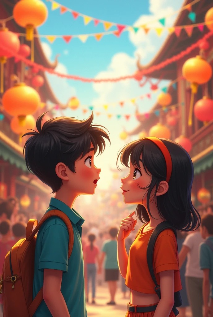 : A bustling event scene with vibrant colors and festive decorations. The boy and girl’s initial surprise and confusion, their glances filled with unspoken recognition and nostalgia.